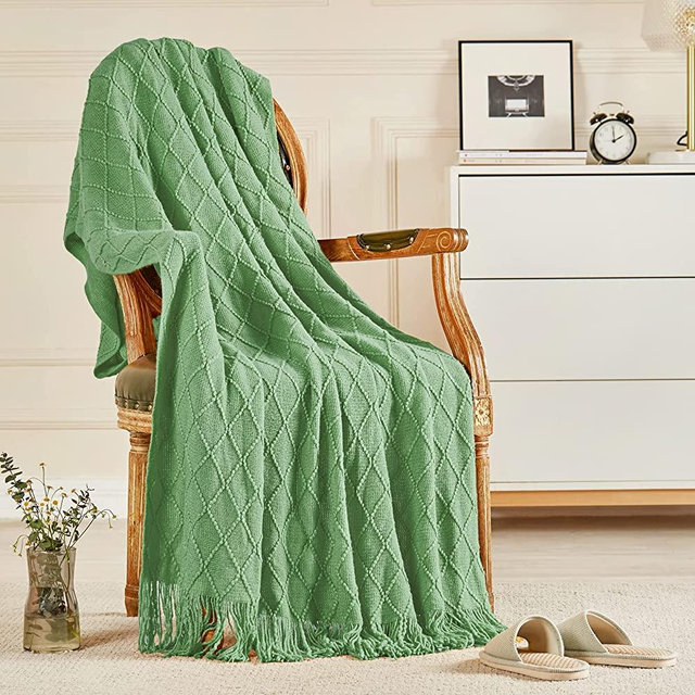 Inhand Knitted Throw Blankets for Couch and Bed, Soft Cozy Knit Blanket with Tassel, Basil Green Lightweight Decorative Blankets and Throws, Farmhouse Warm Woven Blanket for Men and Women, 50"x60"