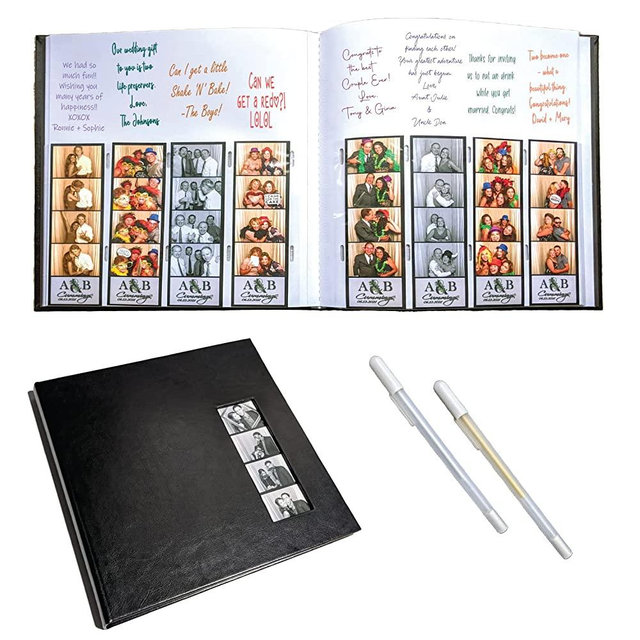 Photo Booth Nook Scrapbook Album & Gel Pens - Scrapbooking Journal with Black Leather Cover - 40 White Pages, 2x6" Cover Picture Slot & Photo Strip Inserts - Wedding, Graduation Photos (1 Count)