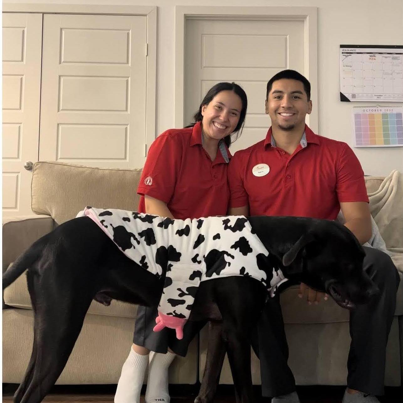 Our third halloween together. We dressed as Chick-fil-A employees and Juice was our Cow Mascot! - October 2023