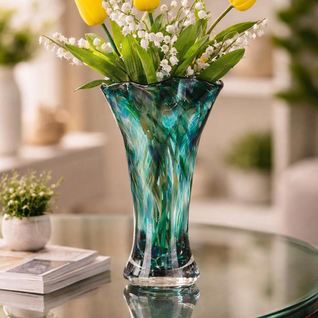 Teal Hand Blown Glass Vase for Flowers, Wide Mouth Green Decorative Vase, Colorful Centerpiece
