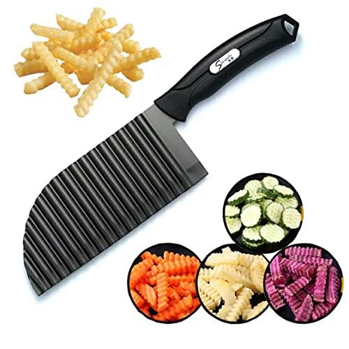 Crinkle Potato Cutter - 2.9" x 11.8" Stainless Steel French Fries Slicer Handheld Chipper Chopper Potato Carrot Chopping Knife Home Kitchen Wavy Blade Cutting Tool Large Size
