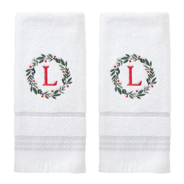 SKL Home Christmas/Winter Wreath Monogram Hand Towel L 2pc Set for Bath/Kitchen/Bar & Gift, White