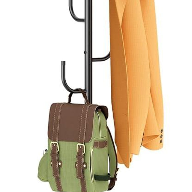 MISSLO Heavy Duty Coat Rack Freestanding 4 Adjustable Size Coat Tree with Stable Wood Base Coat Hanger Stand with 6 Hooks Standing Clothes Tree for Bedroom, Black