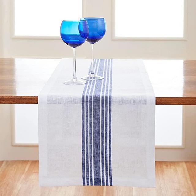 Solino Home Farmhouse Stripe Table Runner – 14 x 60 Inch, 100% Natural Fabric, Handcrafted Machine Washable - Navy & White