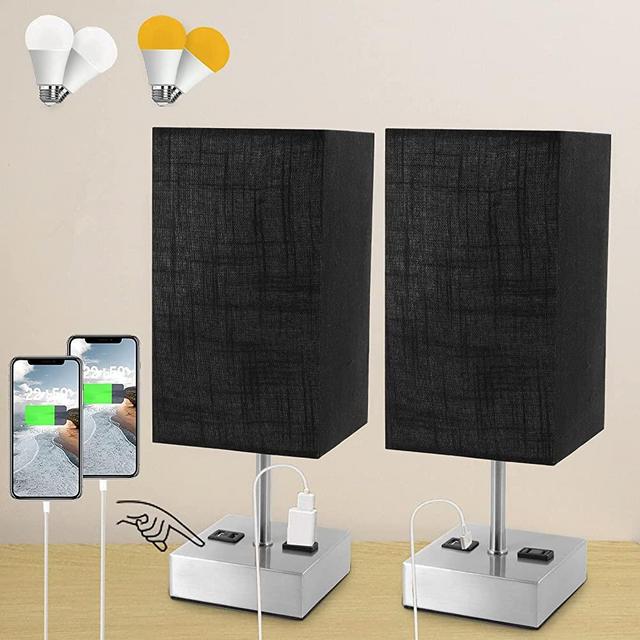 Touch Control Table Lamp Set of 2 ，3-Way Dimmable Bedside Lamp with 2 USB Ports & AC Outlet，Night Light Lamp with Black Fabric Shade for Living Room,Bedroom, Small Table Lamp with 4 Bulbs
