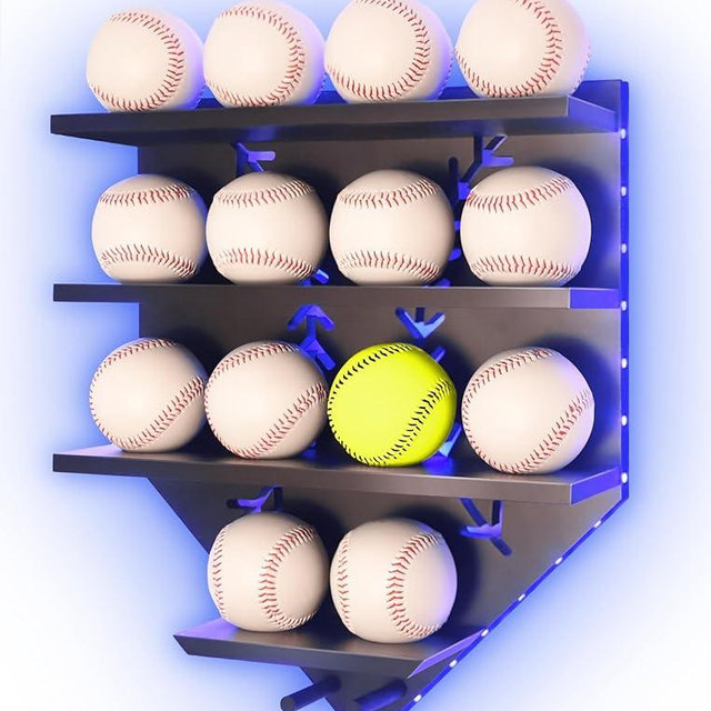 IKEPAHOK Baseball Display Shelf with LED Light, Home Plate Shaped Wood Holder, Championship Ring Wall Organizer for PSA SGC Collectibles, Ball Hanging Frame Gift for Boys Son