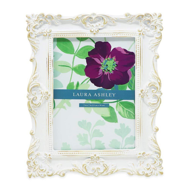 Laura Ashley 5x7 White & Gold Ornate Textured Hand-Crafted Resin Picture Frame w/Easel & Hook for Tabletop & Wall Display, Decorative Floral Design Home Décor, Photo Gallery, Art (5x7, White/Gold)