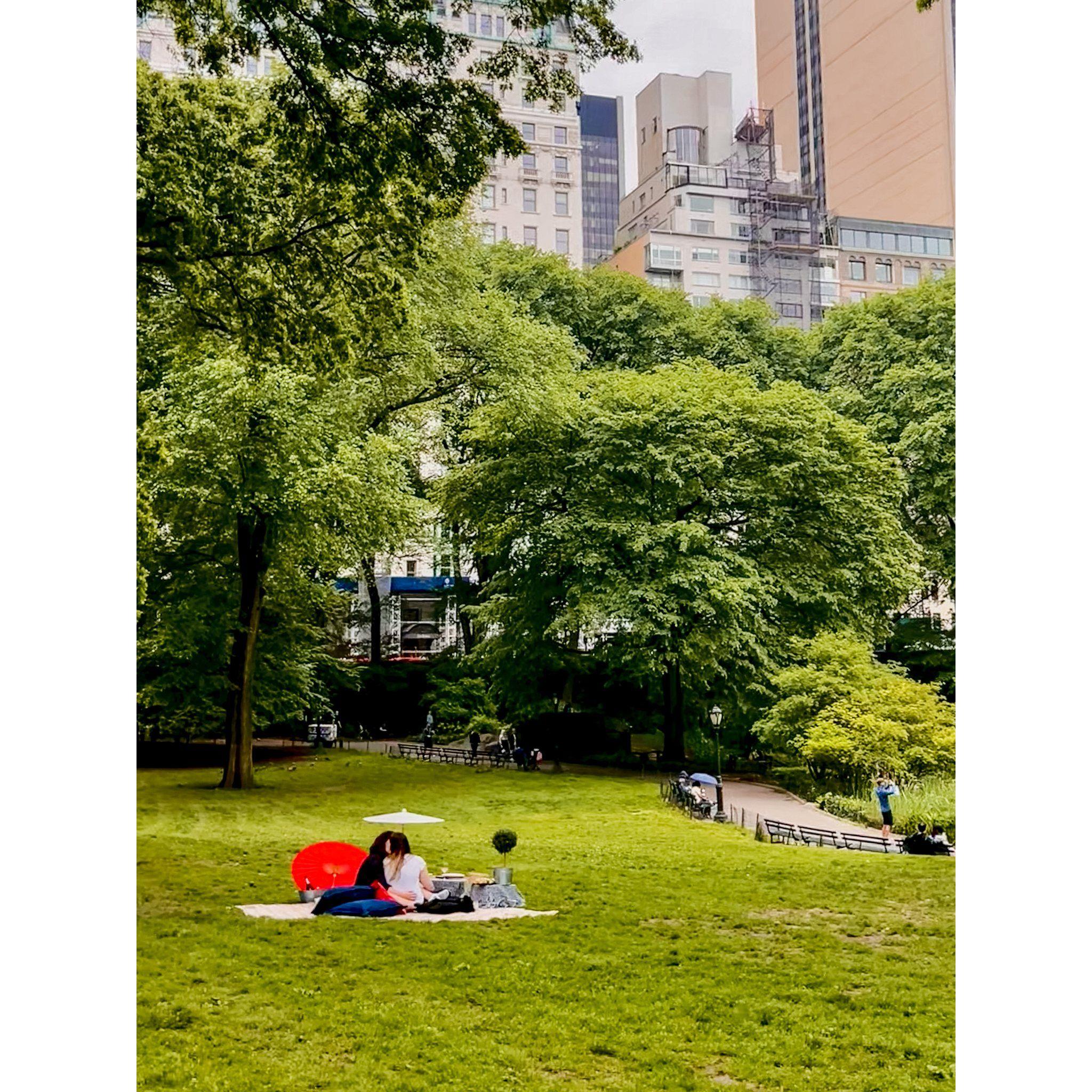 May 2022 - Picnic in Central Park when it started pouring rain, and instead of fleeing we embraced it. A woman passing by took this photo of us.