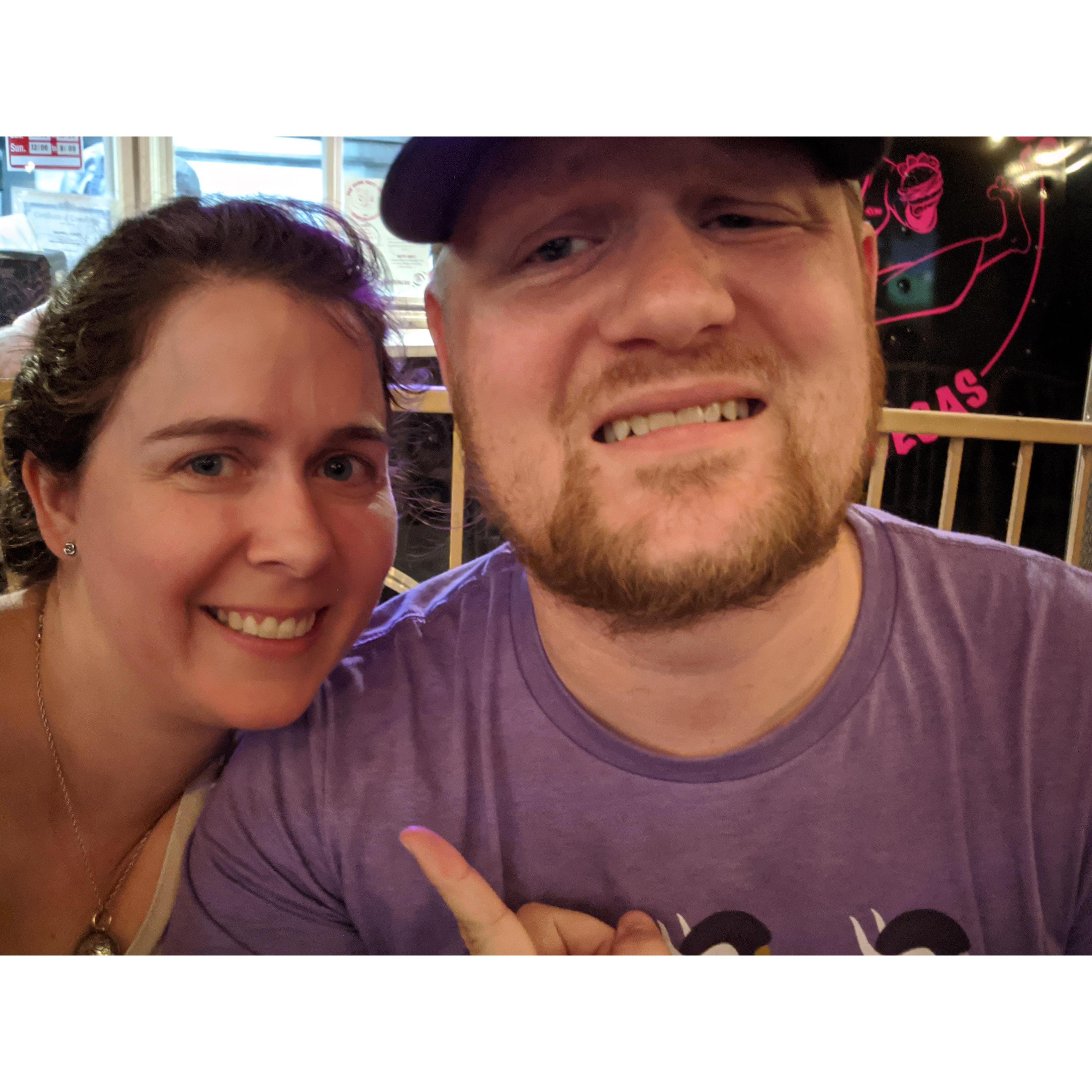 Playing trivia at Whitestone Brewery. Ben makes this face about Jules a lot.