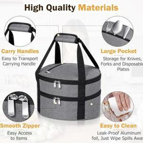 Round Double Insulated Casserole Carrier, Pie Carrier Bag, Portable Casserole Carrier for Hot or Cold Food Lunch Tote, Lunch Bag for Parties Picnic, Fits 12.5" Baking Dish, Grey