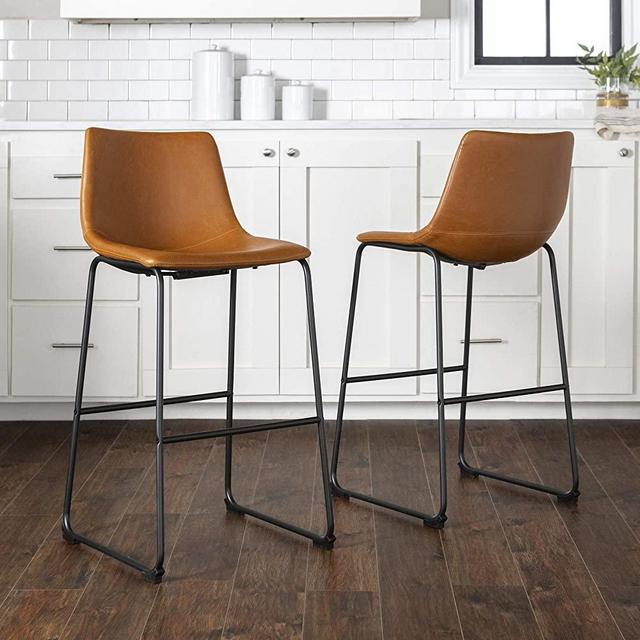 New Set of 2 Faux Leather Barstools with 28 Inch Seat Height Whiskey Brown