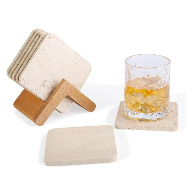 Koville Travertine Coasters Set of 5, Square Coasters with Holder for Drinks, 4" Cup Coaster for Coffee Table Home Office Bar Decor, Heat Resistant Natural Stone Drink Coaster(Beige)