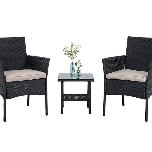 PayLessHere 3 Piece Furniture Patio Chairs Wicker Outdoor Rattan Conversation Bistro Set for Backyard Porch Poolside Lawn,Black