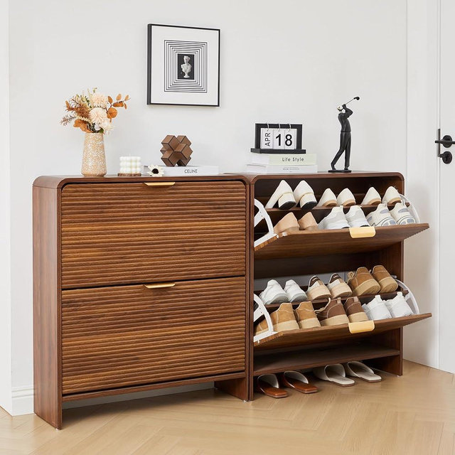 RARZOE Set of 2 Fluted Shoe Storage Cabinets for Entryway, Narrow Curved Shoe Cabinet with 2 Flip Drawers, Wood Hidden Shoe Organizer Closed Shoe Rack Cabinet for Foyer,Hallway (29.5''Walnut)