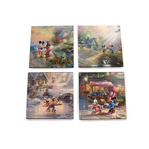 Disney Mickey and Minnie Mouse Glass Coaster - Sweetheart Collection - Thomas Kinkade - Comes With Stylish Modern Wooden Holder