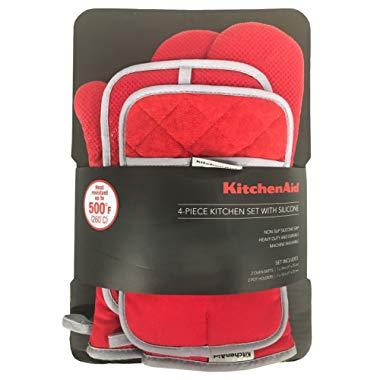 KitchenAid 4 Piece Kitchen Set w/ Silicone 2 Oven Mitts, 2 Pot Holders (Red)