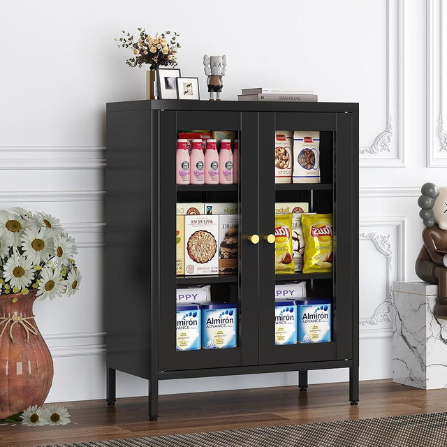 Black Metal Storage Cabinet With glass 2 Doors - 31.5''H Bathroom Floor Storage Cabinet, 3 Tier Locker With Adjustable Shelves, Pantry Cabinet, Bathroom Cabinet for Office, Home, Living Room, Kitchen