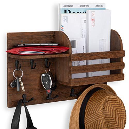 Wallniture Horta Coat Rack Key Hook Magazine Holder Entryway Organizer Mail Sorter Wall Mounted Shelf with Hooks Wood Walnut