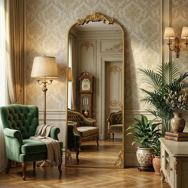 HARRITPURE Vintage Floor Mirror - 64"x 21" Large Baroque Carved Arched Full Length Mirrors with Metal Frame for Bedroom/Living Room/Entryway Retro Home Decor,Gold