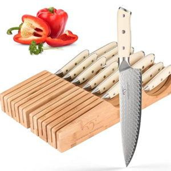 NANFANG BROTHERS Damascus Kitchen Knife Set,14 Pieces Drawer Knife Set,ABS Ergonomic Handle for VG10 Steel Professional Chef Knives Set with Block and Steak Knives