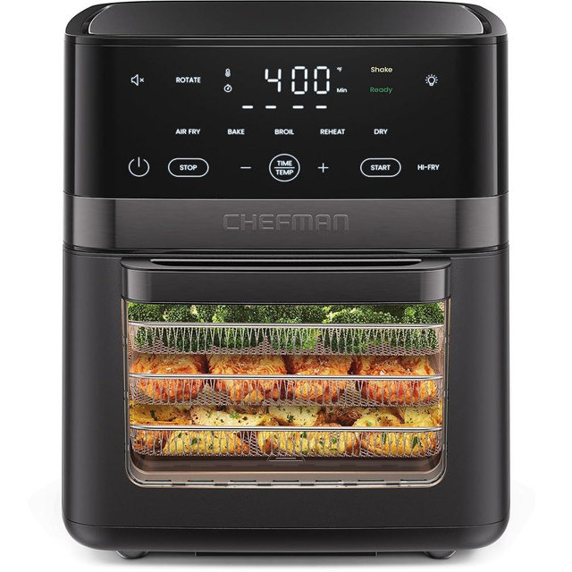 Chefman Air Fryer 6-in-1, XL 14-Quart Multifunctional Airfryer with Touchscreen Controls, Rotisserie, Food Dehydrator, Convection Oven, Bake, Broil, and Reheat Functions, Windowed Door – Black