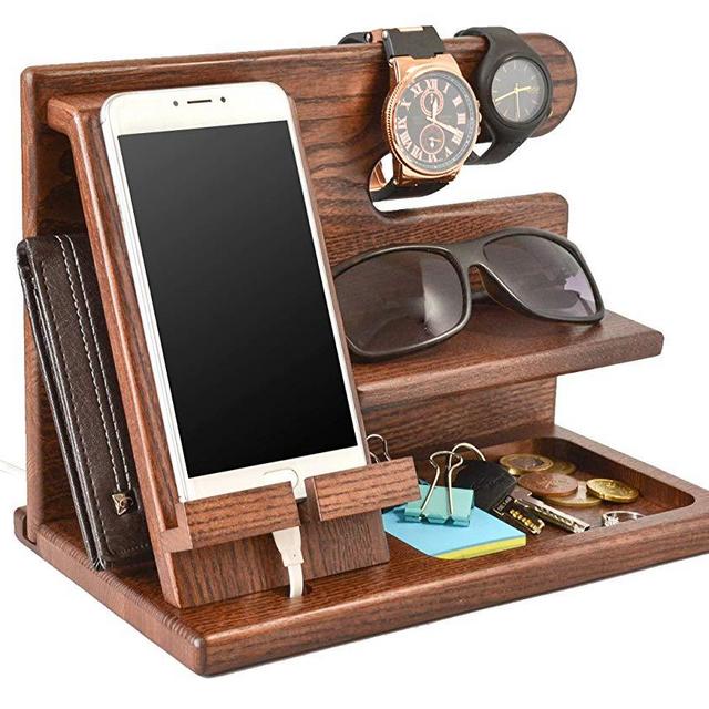 Wood Phone Docking Station Ash Key Holder Wallet Stand Watch Organizer Men Gift Husband Wife Anniversary Dad Birthday Nightstand Purse Father Graduation Male Travel Idea Gadgets Solid