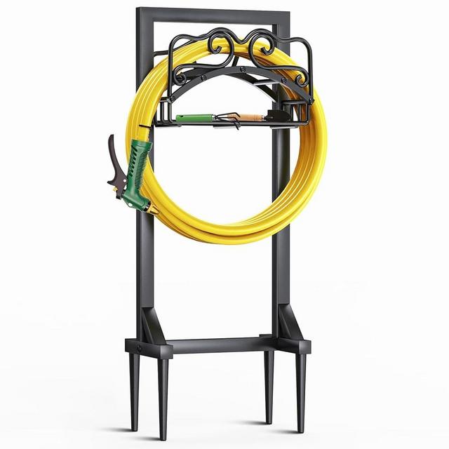 Garden Hose Holder, Heavy Duty Metal Water Hose Holder with 4 Spikes Outdoor Freestanding Hose Hanger Detachable Sturdy Hose Stand Holds 150-feet Hose, Garden Hose Storage Rack for Outside Yard Lawn