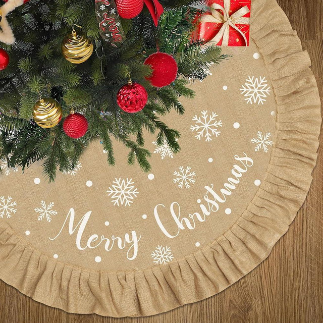 48 Inch Burlap Christmas Tree Skirt Merry Christmas Rustic Tree Skirt with Ruffle Border Xmas White Snowflake Linen Round Trees Mat for Winter Xmas Holiday Party Home Decorations