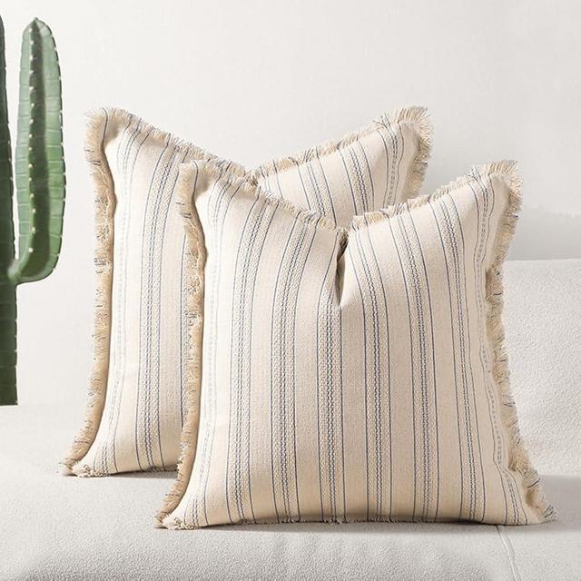 Qupace Set of 2 Canvas Pillow Covers for Sofa Couch 18x18 in, Bed Blue Stripe Pillowcase for Bed Room，Boho Retro Throw Pillow Covers forLiving Room Car