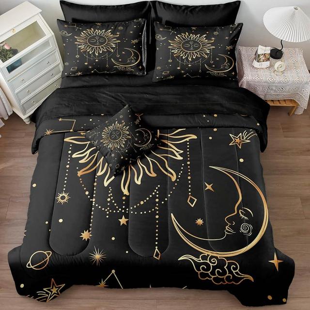 Black and Gold Comforter Set Sun and Moon King Bed in a Bag 8 Pieces Bohemian Mandala Bedding with 1 Comforter, 1 Flat Sheet, 1 Fitted Sheet, 4 Pillowcases, 1 Cushion Cover (King, Sun and Moon)