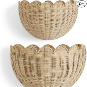 BEBE BASK The Original Scalloped Wicker Wall Basket – Set of 2 – Handwoven Scalloped Wall Baskets (16 x 10 x 7 in), Woven Rattan Wall Hanging Baskets - Natural Scalloped Basket