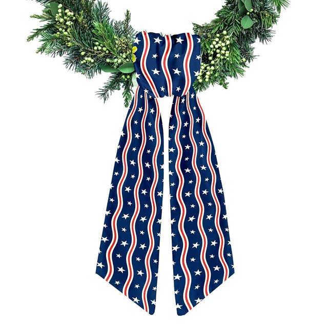 Ftuuo Patriotic Wreath Sash for Front Door Red White Stripe Wreaths Satin Sash Wave Star Garland Ribbon Accessories for Wreath Yard Doorway Indoor Outdoor Bow 4th of July Home Decor,5.1 x 54.3