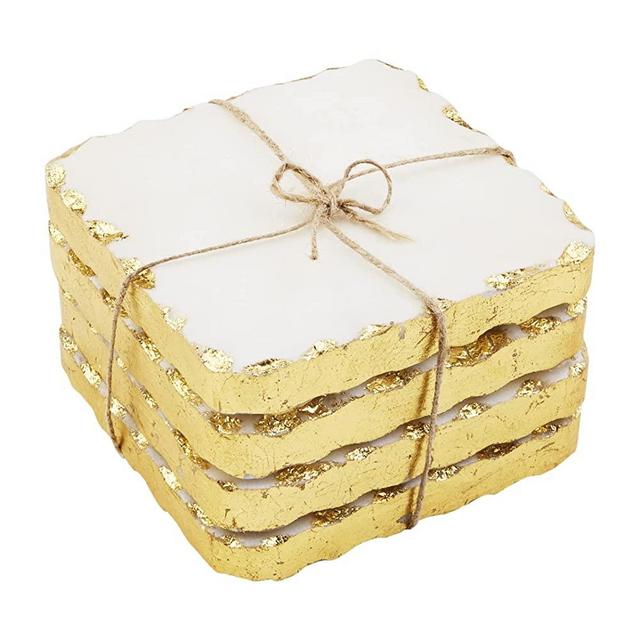 Mud Pie Marble Edge Coaster Set, Gold, 4" x 4"