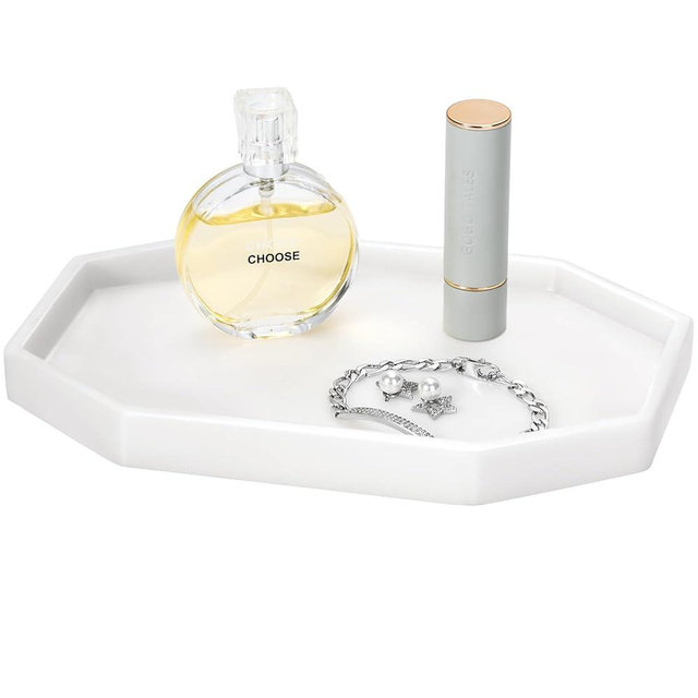 Shinowa 8" Small Octagon Bathroom Vanity Tray, Resin Decorative Perfume Tray Jewelry Ring Dish Tray,Vanity Tray for Bathroom Candle Perfume Soap Shampoo, Milky White