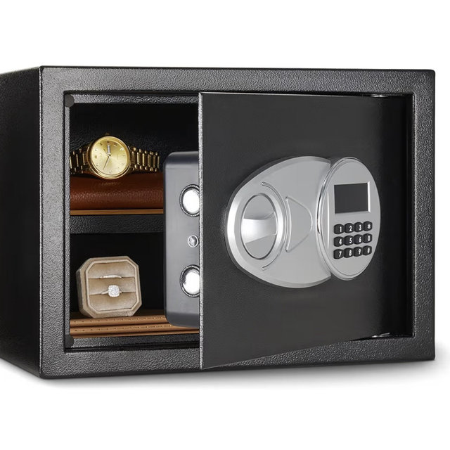 Amazon Basics Steel Security Safe and Lock Box with Electronic Keypad, Secure Documents Storage, Black, 0.5 Cubic Feet, 13.8"W x 9.8"D x 9.8"H, Removable Shelf