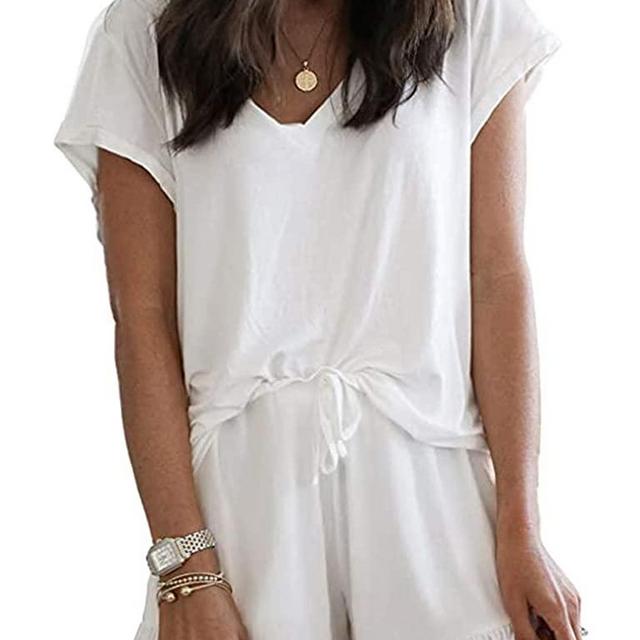 LuckyMore Womens Pajamas Set Short Sleeve V Neck Lounge Sets 2 Piece Outfit Sleepwear Nightwear Pjs