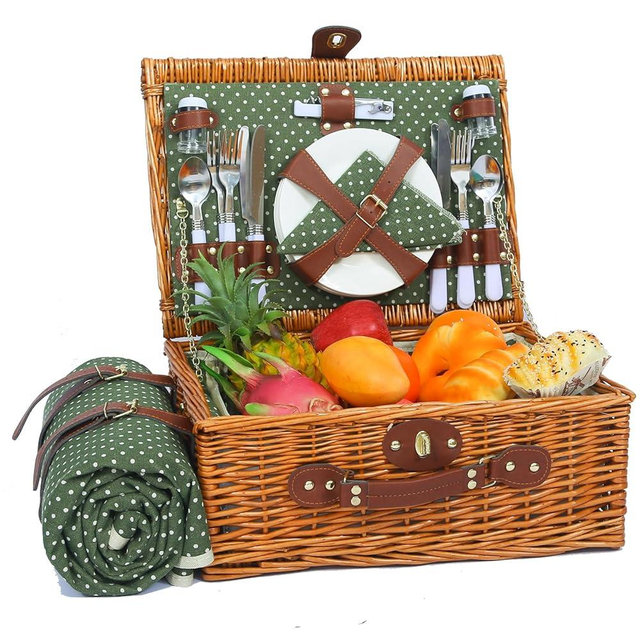 HYBDAMAI Picnic Basket for 4 Persons with Waterproof Picnic Blanket and Insulated Cooler, Large Wicker Picnic Basket for Camping, Outdoors, Valentine's Day, Christmas, Birthday, Wedding Gift