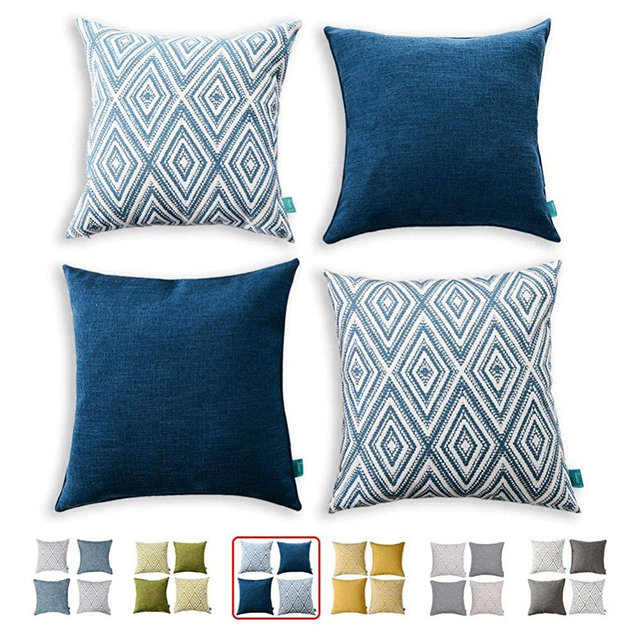 HPUK Set of 4 Decorative Throw Pillow Covers Geometric Design Cushion Pillowcases for Couch Sofa Bed Car, 17"x17", Navy Blue
