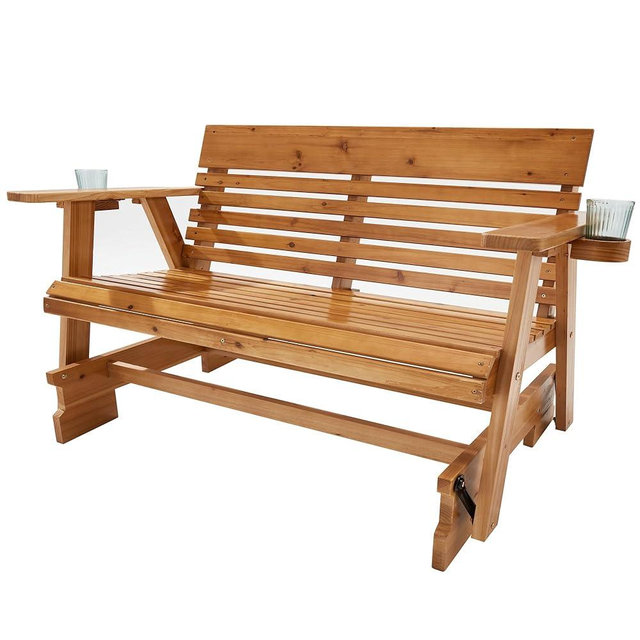 HOMREST Wooden Patio Glider Bench with Cup Holders, Heavy Duty 900LBS Outdoor Loveseat Glider with Ergonomic Deep Contoured Seat and High Roll Back for Garden Porch Balcony (4Ft 2-Seater, Brown)