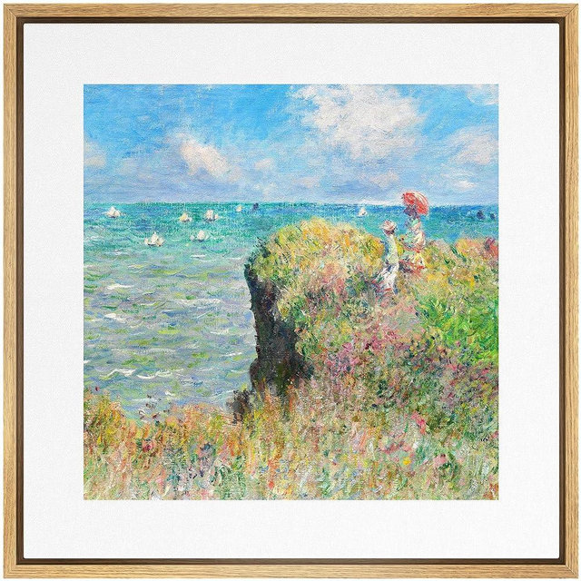 SIGNWIN Framed Canvas Print Wall Art Cliff Walk at Pourville by Claude Monet Nature Wilderness Oil Painting Impressionism Rustic Scenic Colorful for Living Room, Bedroom, Office - 24"x24" Natural