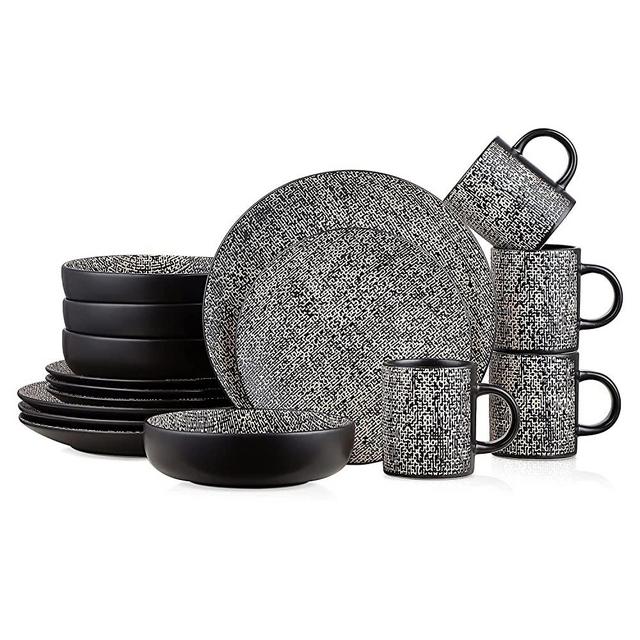 Stone Lain Sophie Rustic Stoneware Dinnerware Set, 16-Piece Service for 4, Brown and Black Textured
