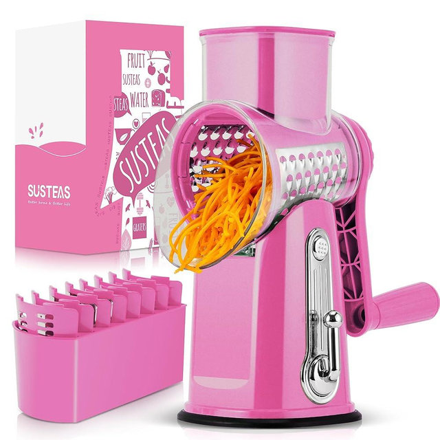 SUSTEAS Rotary Cheese Grater with Handle - Vegetable Shredder with 5 Well-designed Blades & Strong Suction Base,Round Mandoline Slicer & Food Chopper for Kitchen,with Blade Storage Box(Pink)