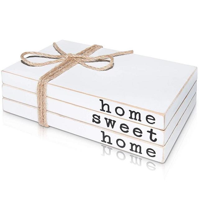 Wooden Decorative Books for Coffee Table - Stack of 3 Faux Books for Decoration, 8’’x 5’’x 2.25’’- Home Sweet Home Modern Farmhouse Decor Books - White Book Decor for Rustic Shelf or Fireplace Mantle
