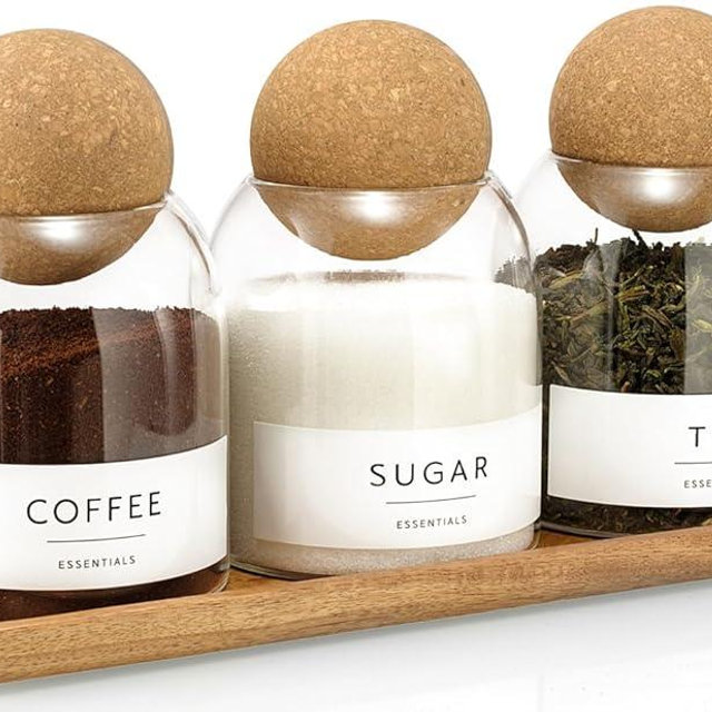 GENSTEUO Glass Jars with Cork Lids, 3 Pack Small Decorative Jars with Acacia Tray, Bathroom Qtip and Cotton Ball Holder Set, Cute Coffee Bar Containers for Sugar Candy Tea, Apothecary Jars (17oz)
