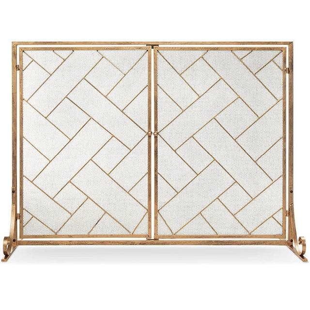 Best Choice Products 44x33in 2-Panel Handcrafted Wrought Iron Decorative Mesh Geometric Fireplace Screen, Fire Spark Guard w/Magnetic Doors - Gold