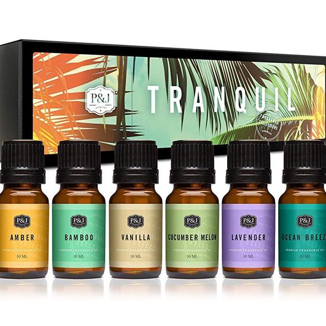Tranquil Set of 6 Premium Grade Fragrance Oils - Vanilla, Cucumber Melon, Lavender, Amber, Bamboo, Ocean Breeze - 10ml