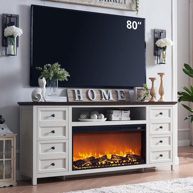 Fireplace TV Stand for TVs up to 80 Inches with 36" Electric Fireplace, 31" Farmhouse Tall Entertainment Center w/Drawer & Adjustable Shelves, Large Media Console for Living Room, 70inch White