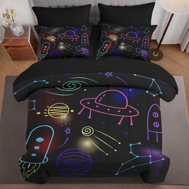 Pinbeam 7 Pcs Comforter Set Queen Size, Space Earth Moon Bed in a Bag with Flat Sheet and Fitted Sheet for Kids and Adults, Science Galaxy Badge Bedding Set with 2 Pillowcases & 2 Shams
