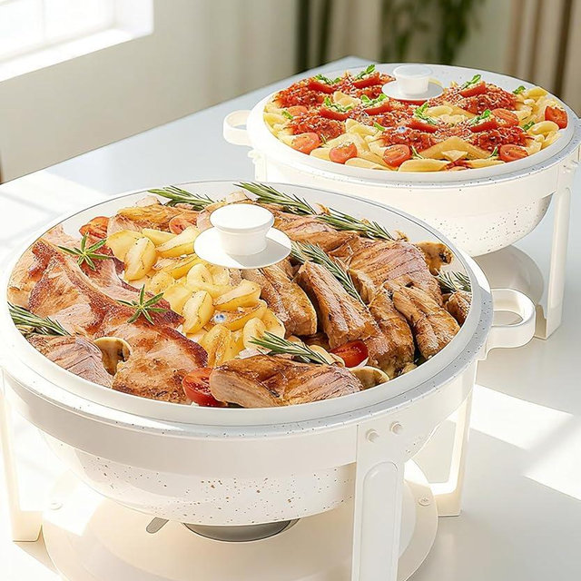 IMACONE Maifanite-Coated Chafing Dishes for Buffet of 2, 6QT White Chafing Dish Buffet Set Stainless Steel Chafer Set, Roll Edge Food Warmers for Parties, Wedding, Birthday, Church Events, Catering