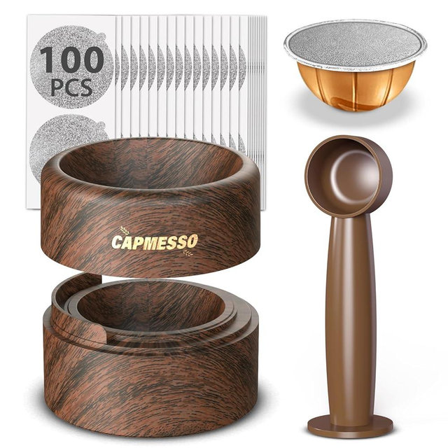 Reusable Vertuo Pod Refill Kit for Nespresso: Reusable Vertuo Capsule for Nespresso/Coffee Pods Vertuoline with 100 Aluminum Foil Lids for Any Size of Vertuo Plus Espresso Pod- Wood Grain Holder